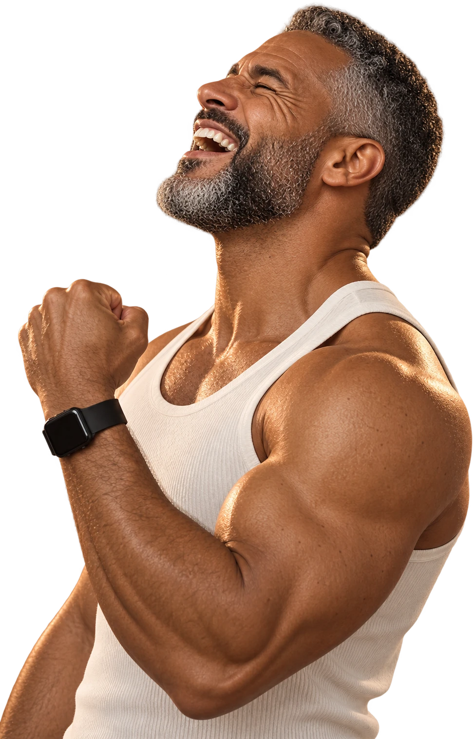 Fit man in his fifties with a grey beard, laughing with his fist raised in celebration.