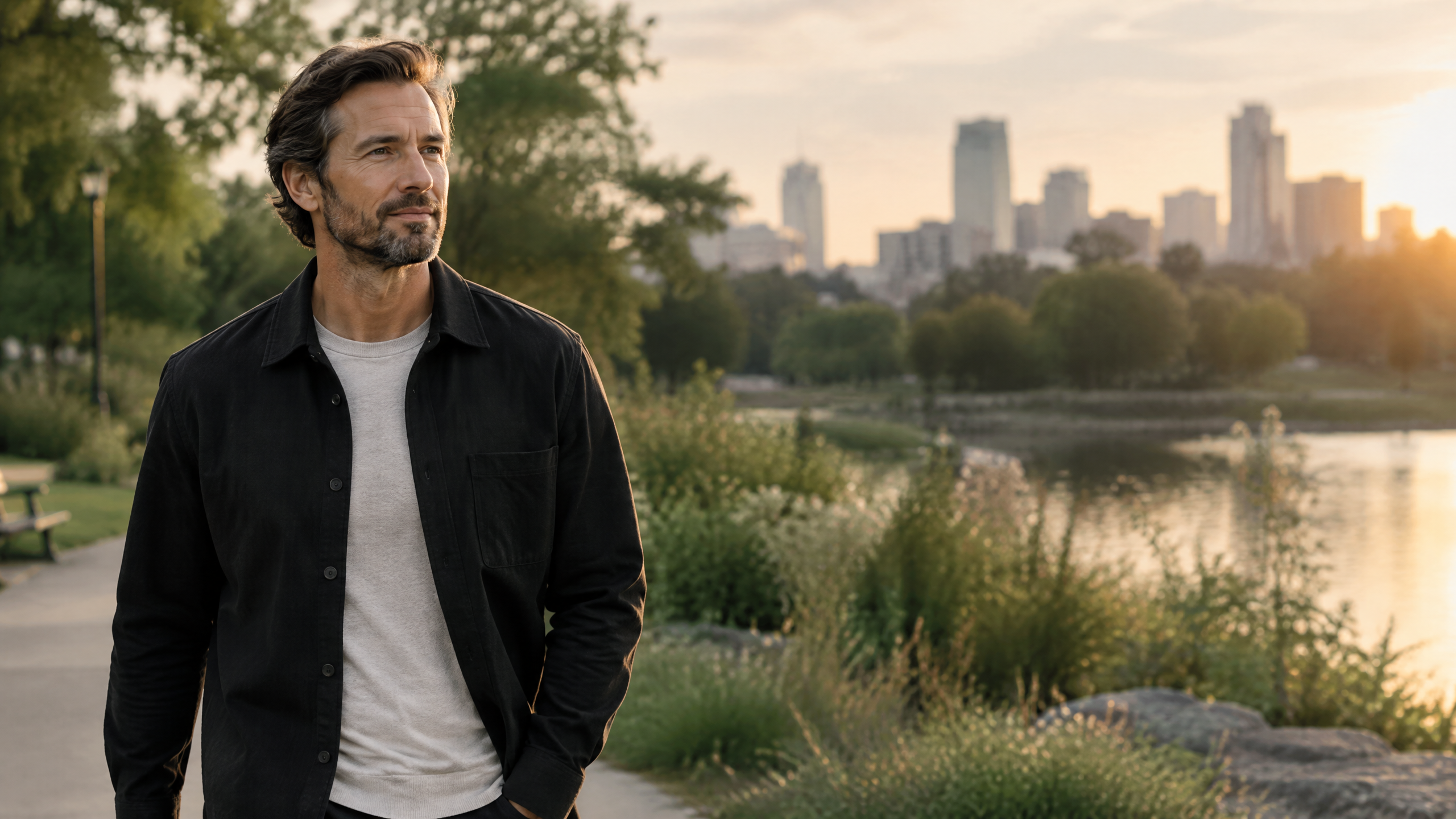 Man walking through a calm city park
